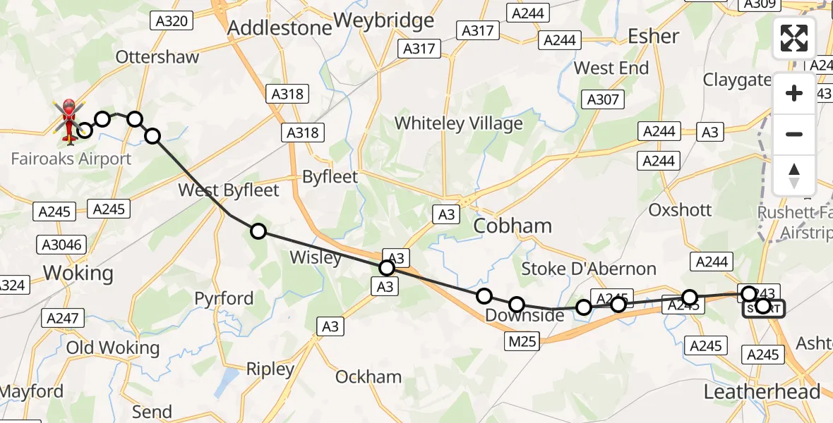 Flight route Air Ambulance Helicopter Mole Valley - Fairoaks Airport, 14 August 2026, 12:37