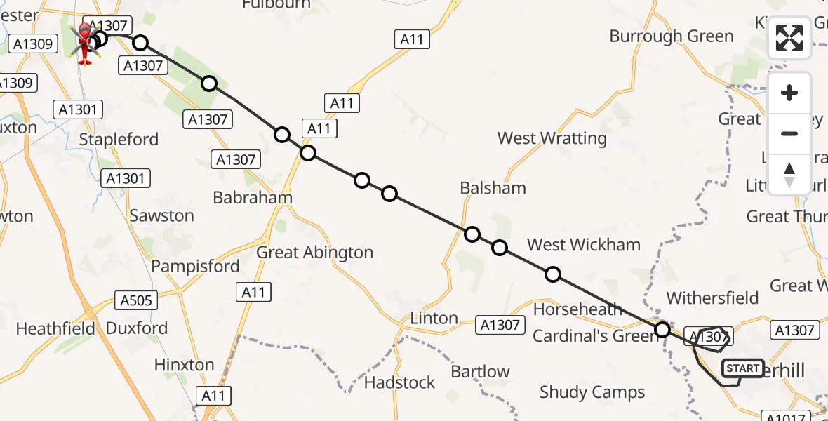 Flight route Air Ambulance Helicopter Haverhill - Papworth Hospital, 14 August 2026, 12:37