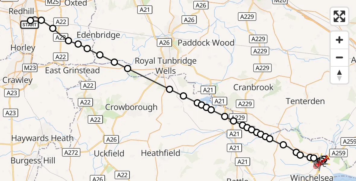 Flight route Air Ambulance Helicopter Redhill Aerodrome - Playden, 14 August 2026, 12:38