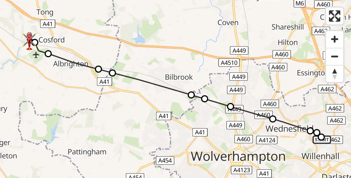 Flight route Air Ambulance Helicopter Willenhall - Cosford, 14 August 2026, 12:50