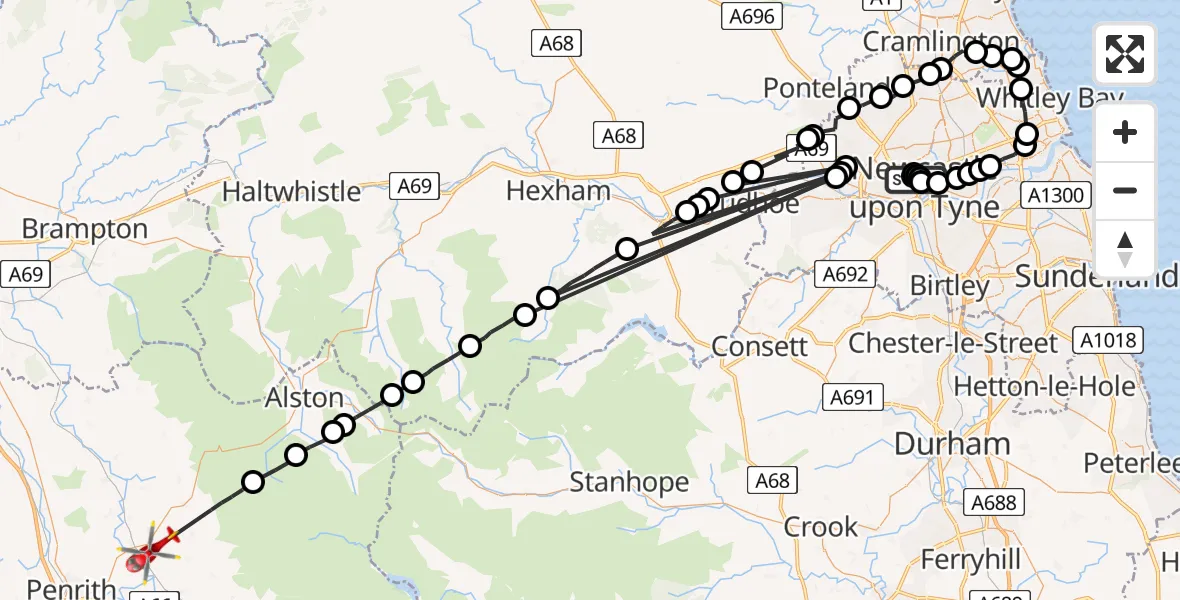 Flight route Air Ambulance Helicopter Newcastle Royal Victoria Infirmary - Skirwith, 14 August 2026, 12:52