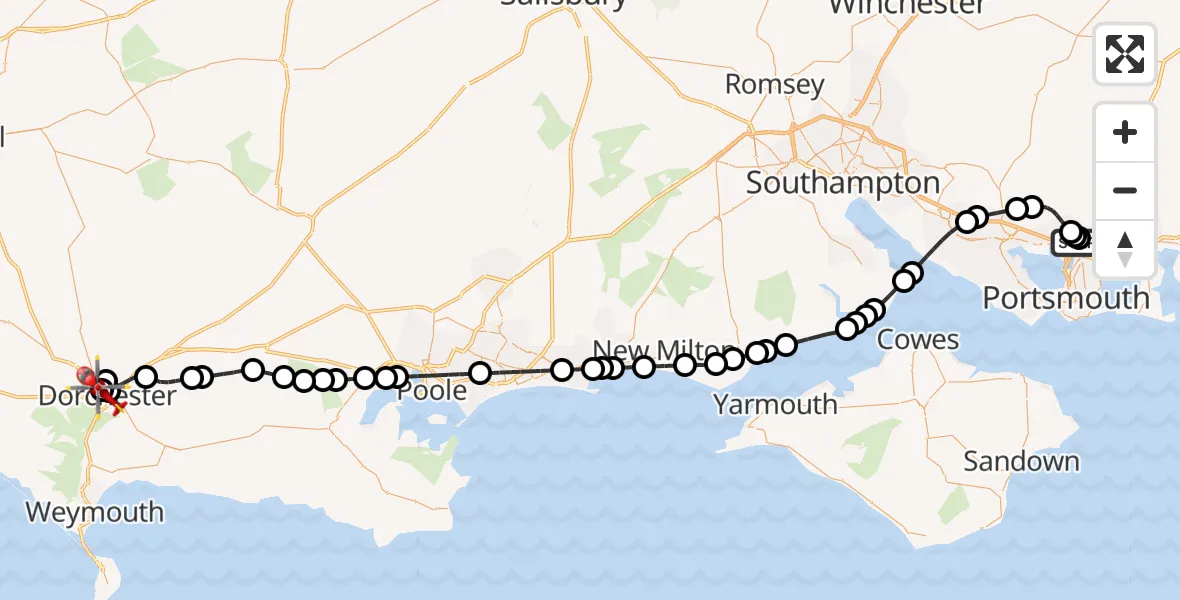 Flight route Air Ambulance Helicopter Queen Alexandra Hospital - Dorchester, 14 August 2026, 13:05