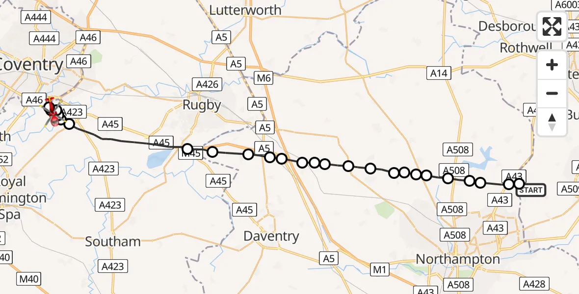 Flight route Air Ambulance Helicopter Sywell Aerodrome - Coventry Airport, 14 August 2026, 13:07