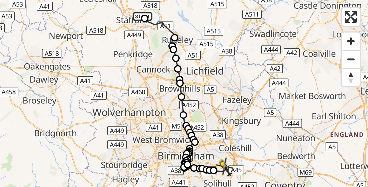 Flight route Police Helicopter Stafford - Birmingham Airport, 14 August 2026, 13:11