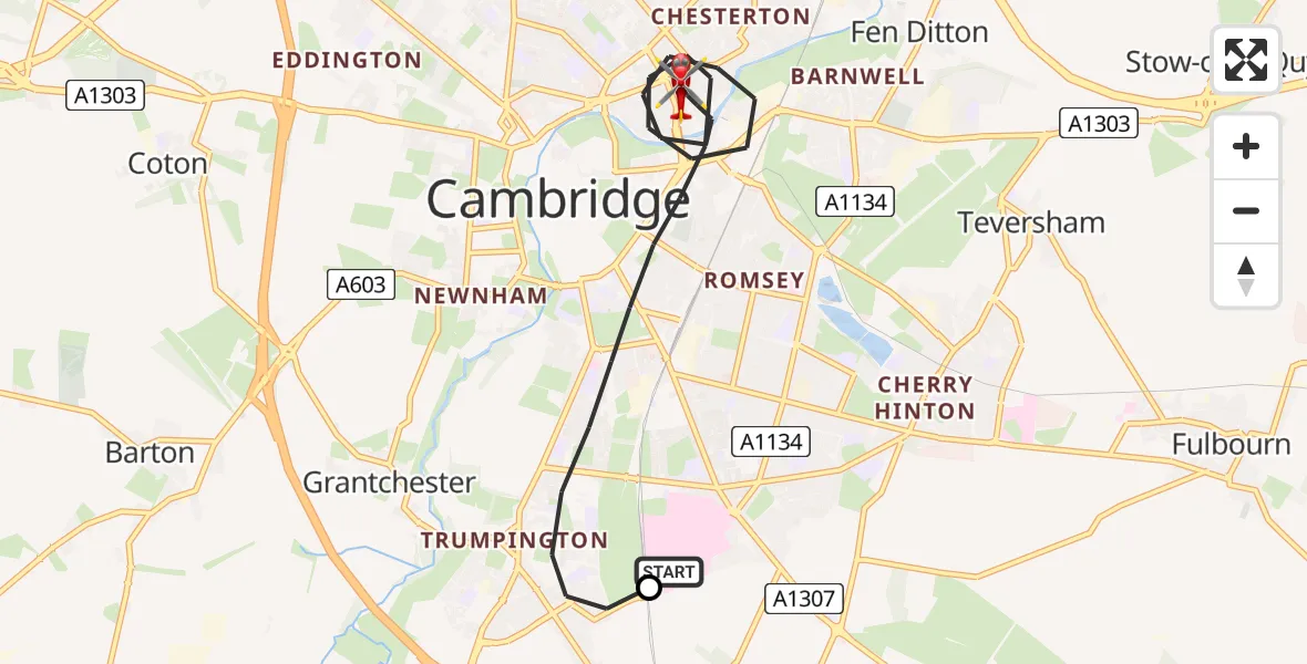 Flight route Air Ambulance Helicopter Papworth Hospital - Cambridge, 14 August 2026, 13:14