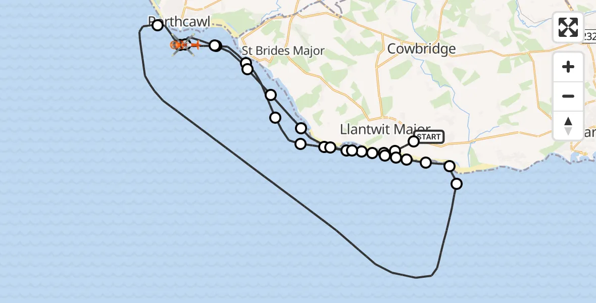 Flight route Coastguard Helicopter MOD St Athan - Porthcawl, 14 August 2026, 13:29