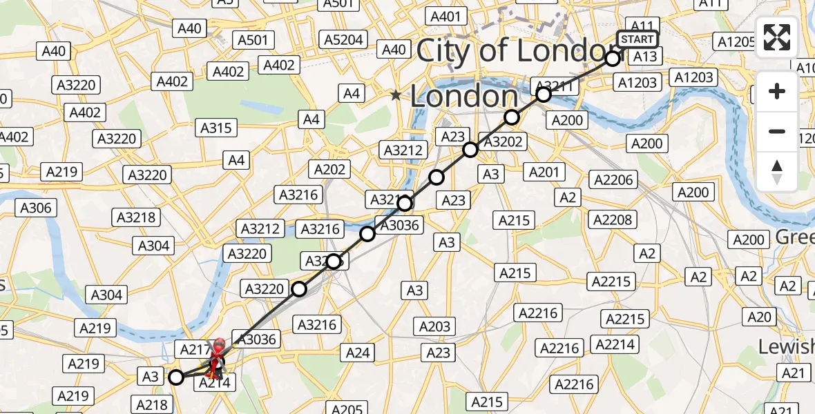 Flight route Air Ambulance Helicopter Royal London Hospital - Clapham Junction, 14 August 2026, 13:31