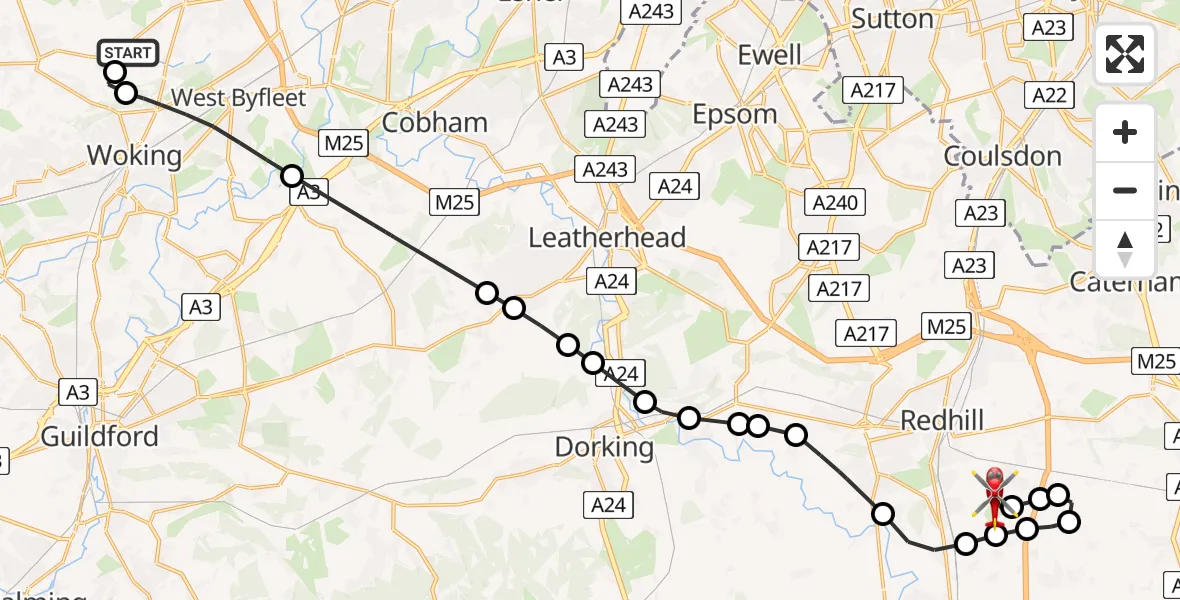 Flight route Air Ambulance Helicopter Fairoaks Airport - Redhill Aerodrome, 14 August 2026, 13:33