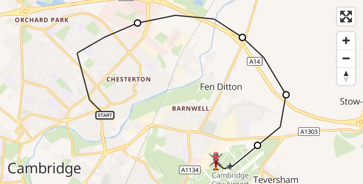 Flight route Air Ambulance Helicopter Cambridge - Cambridge City Airport, 14 August 2026, 13:42