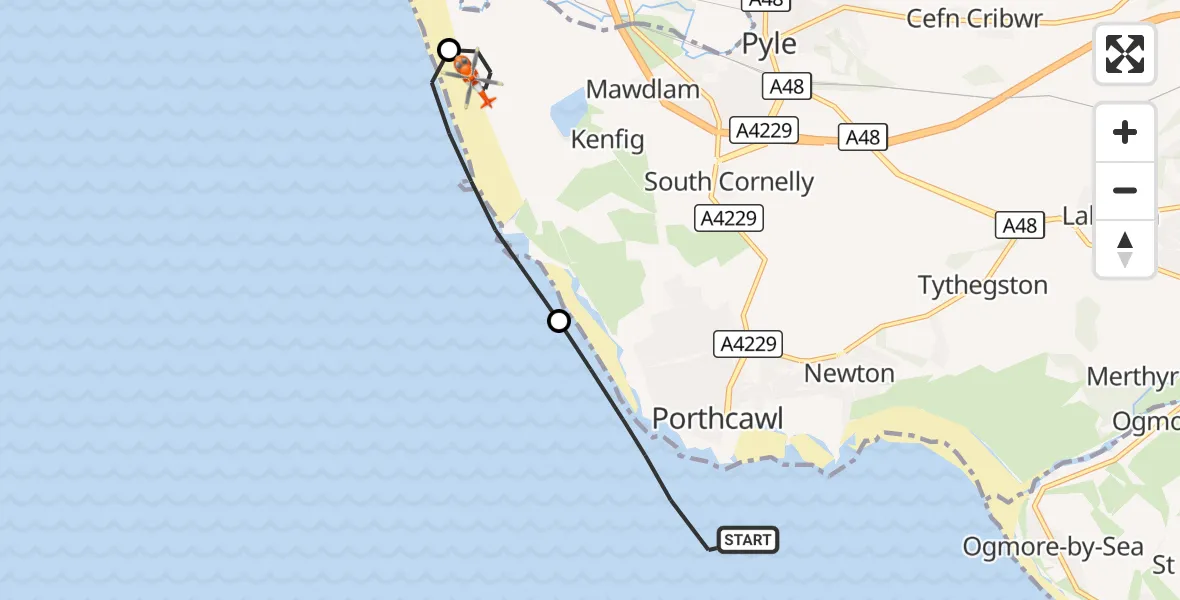 Flight route Coastguard Helicopter Porthcawl - Cornelly, 14 August 2026, 14:09