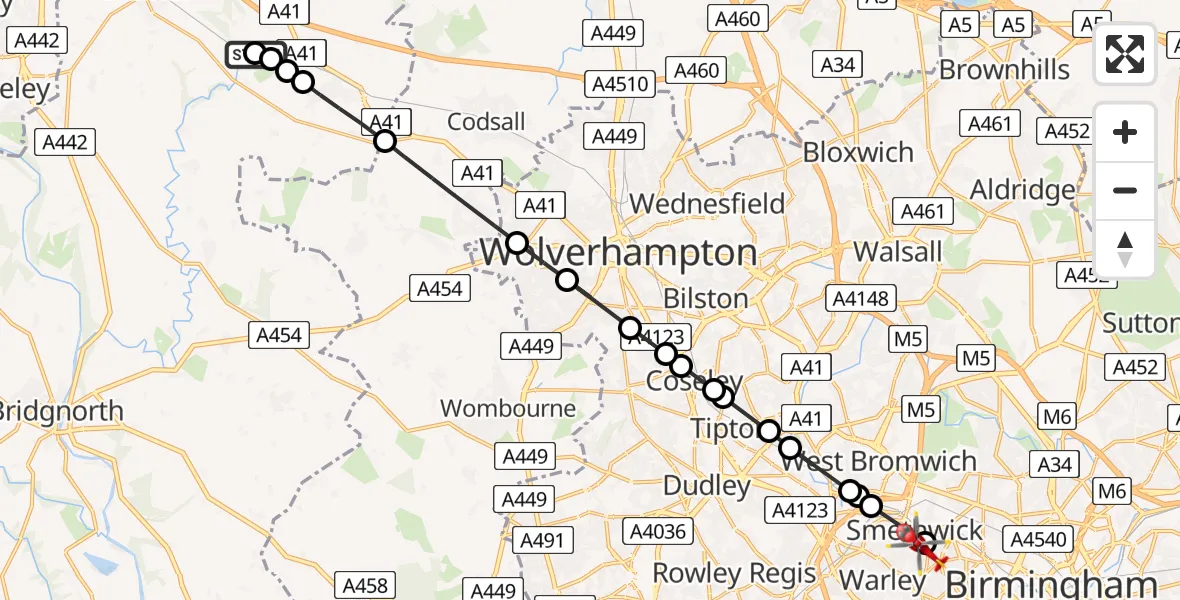 Flight route Air Ambulance Helicopter RAF Cosford - Smethwick, 14 August 2026, 14:12