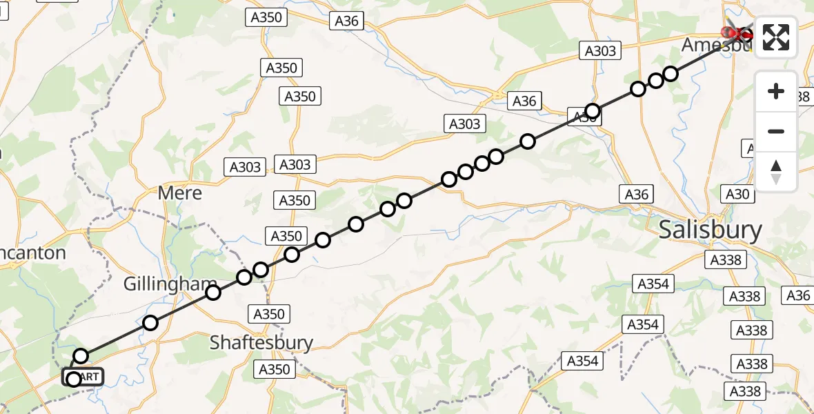 Flight route Air Ambulance Helicopter Henstridge Airfield - Amesbury, 14 August 2026, 14:17