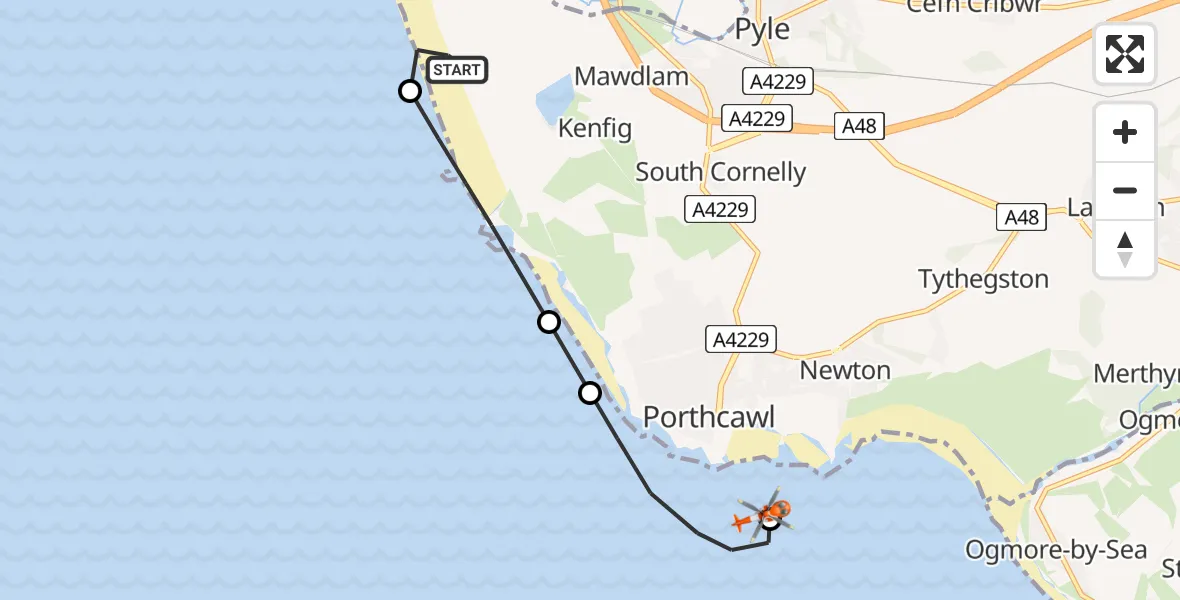 Flight route Coastguard Helicopter Cornelly - Newton, 14 August 2026, 14:21