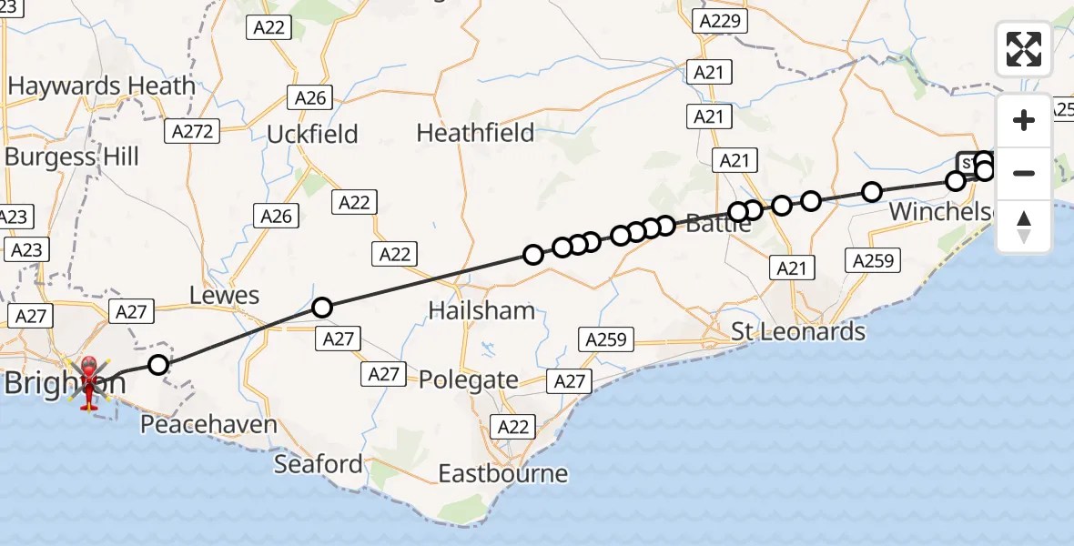 Flight route Air Ambulance Helicopter Rye - Brighton, 14 August 2026, 14:21