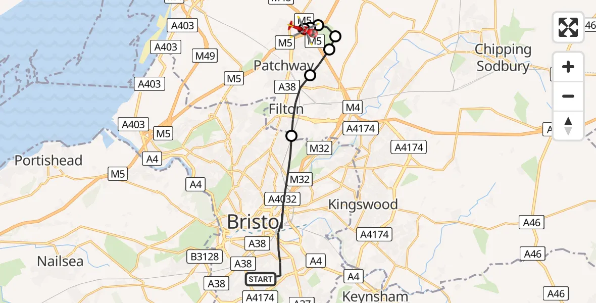 Flight route Air Ambulance Helicopter Bristol - Almondsbury Helicopter Base, 14 August 2026, 14:22