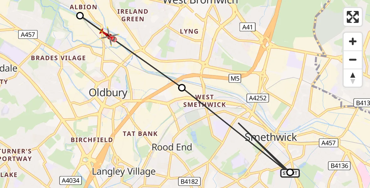 Flight route Air Ambulance Helicopter Smethwick - Oldbury, 14 August 2026, 14:25