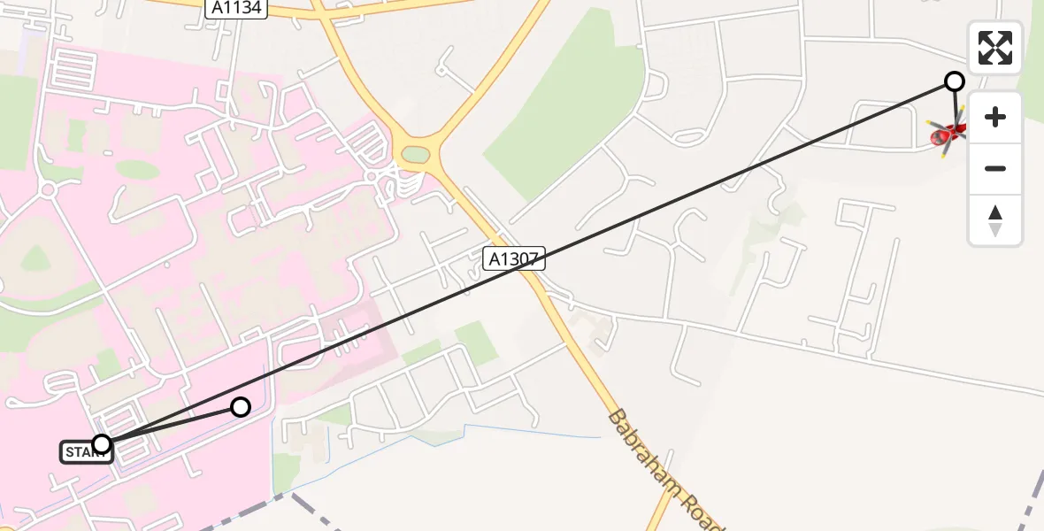 Flight route Air Ambulance Helicopter Papworth Hospital - Cambridge, 14 August 2026, 14:26