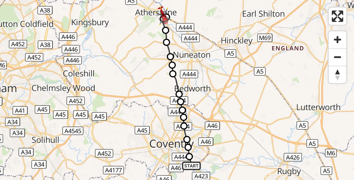 Flight route Air Ambulance Helicopter Coventry Airport - Atherstone, 14 August 2026, 14:37