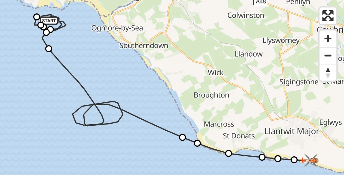 Flight route Coastguard Helicopter Newton - Llantwit Major, 14 August 2026, 14:40