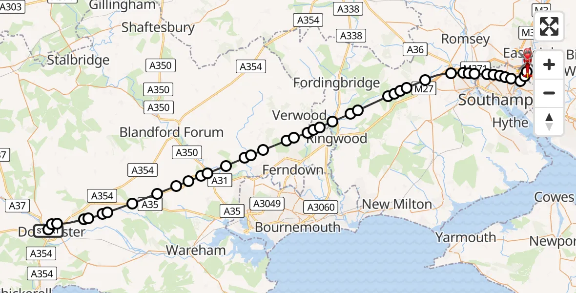 Flight route Air Ambulance Helicopter Dorchester Hospital - Southampton Airport, 14 August 2026, 14:44