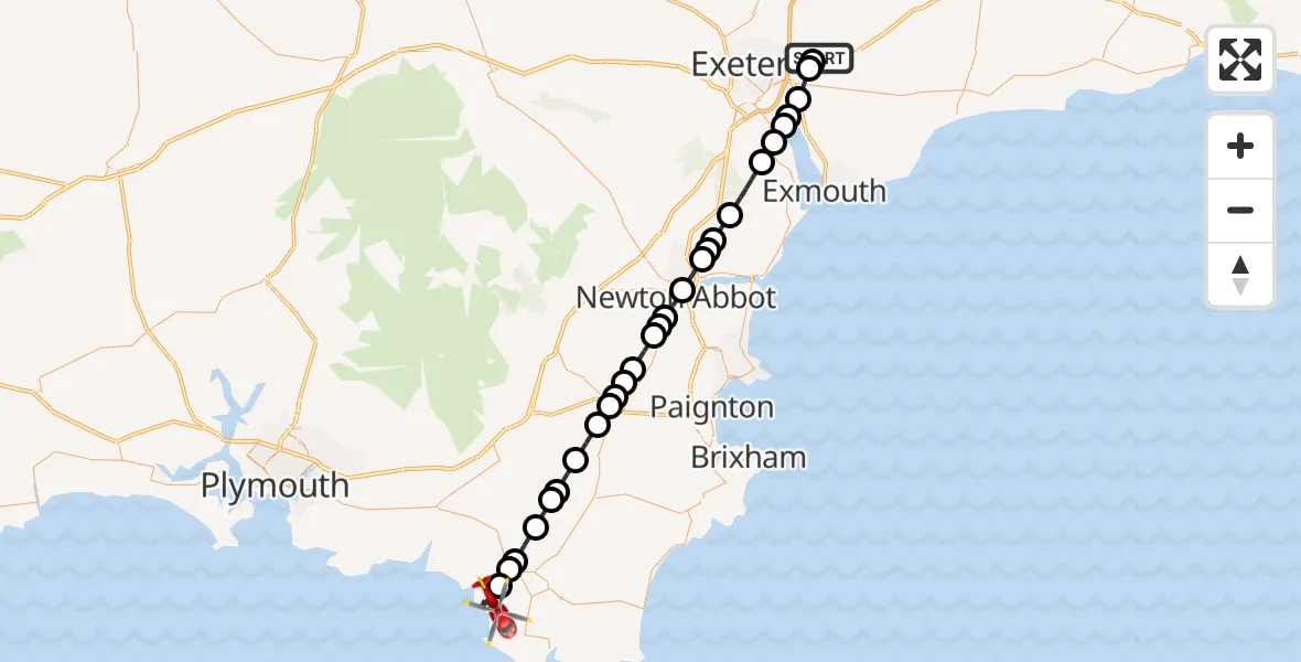 Flight route Air Ambulance Helicopter Exeter International Airport - South Hams, 14 August 2026, 14:46