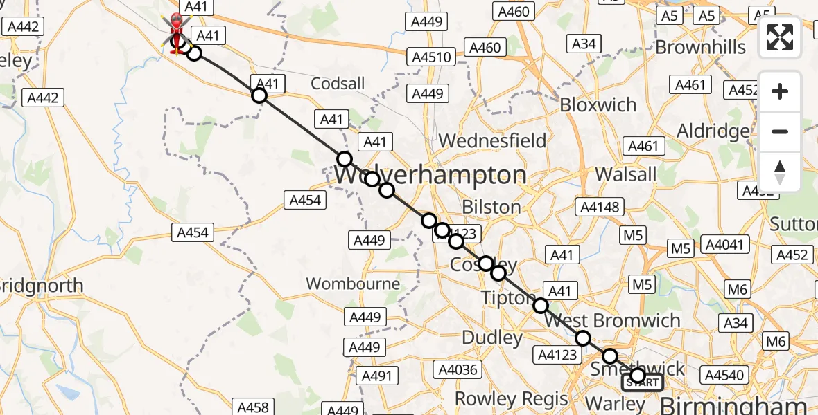 Flight route Air Ambulance Helicopter Smethwick - Cosford, 14 August 2026, 14:51