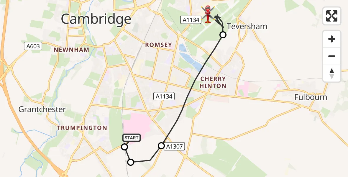 Flight route Air Ambulance Helicopter Papworth Hospital - Cambridge City Airport, 14 August 2026, 14:51