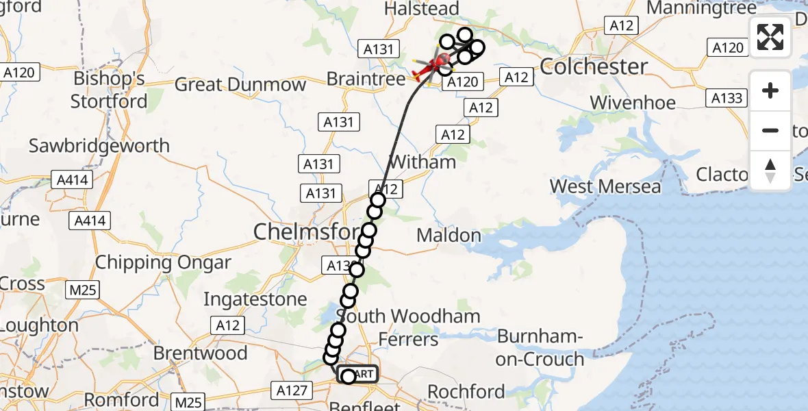Flight route Air Ambulance Helicopter Basildon - Braintree, 14 August 2026, 15:12