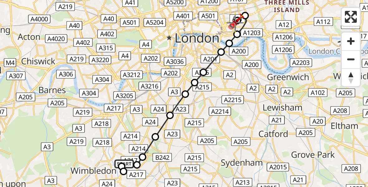 Flight route Air Ambulance Helicopter St Georges Hospital - Royal London Hospital, 14 August 2026, 15:12