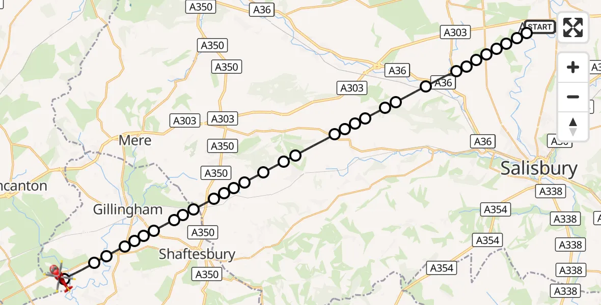 Flight route Air Ambulance Helicopter Amesbury - Henstridge Airfield, 14 August 2026, 15:12