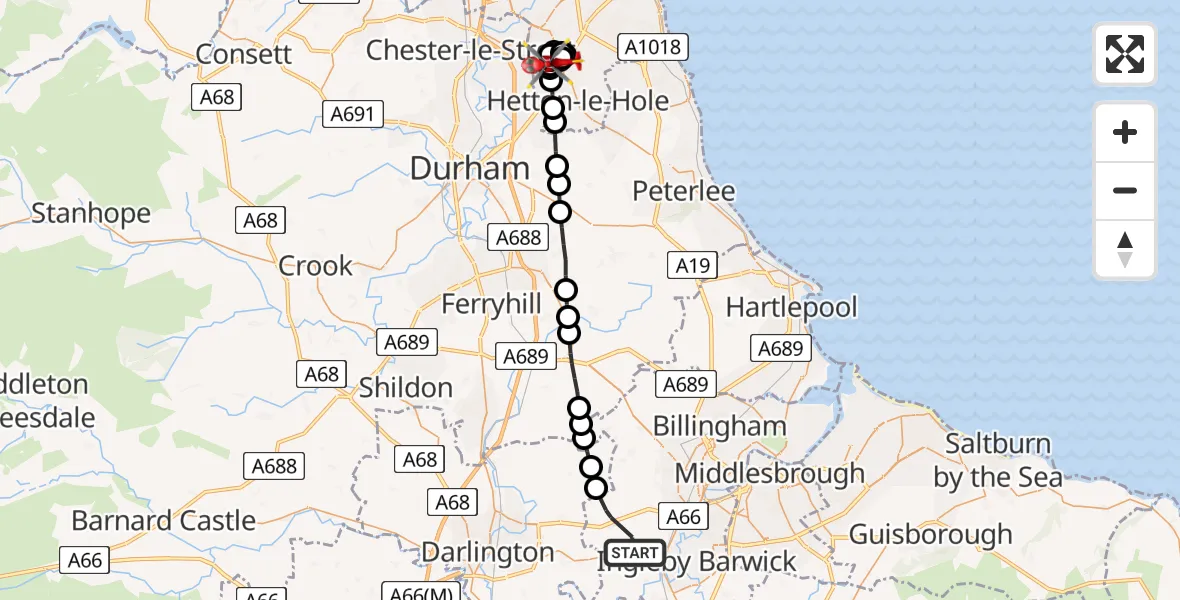 Flight route Air Ambulance Helicopter Longnewton - Houghton-le-Spring, 14 August 2026, 15:13