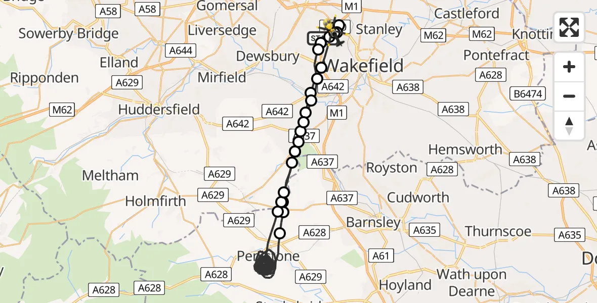 Flight route Police Helicopter East Ardsley - Wrenthorpe, 14 August 2026, 15:20
