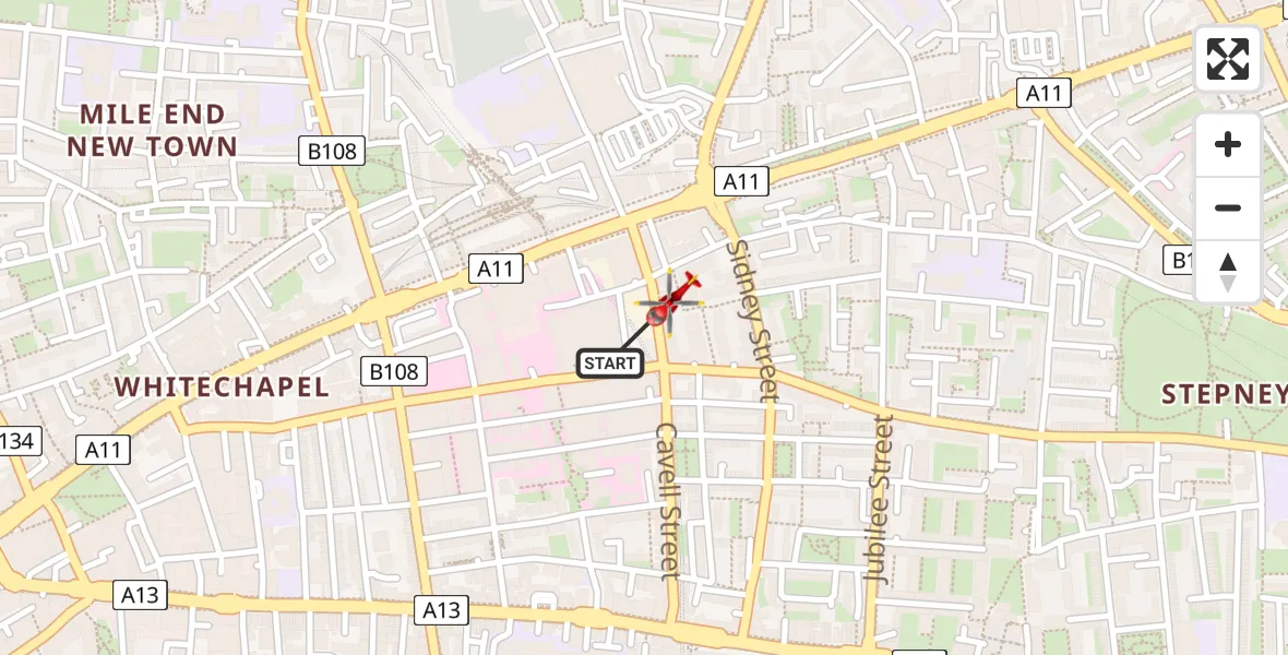 Flight route Air Ambulance Helicopter Royal London Hospital - Royal London Hospital, 14 August 2026, 15:22