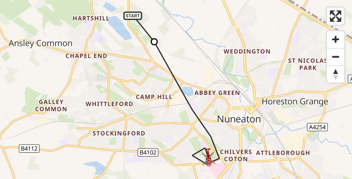 Flight route Air Ambulance Helicopter North Warwickshire - Nuneaton, 14 August 2026, 15:41