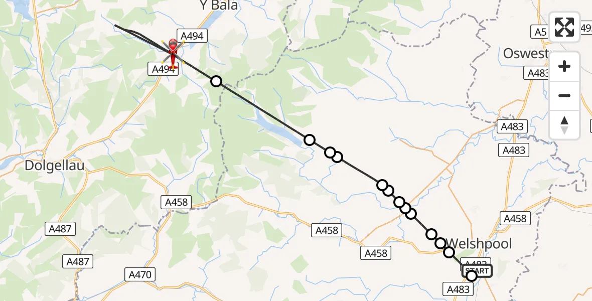 Flight route Air Ambulance Helicopter Welshpool Airport - Llanuwchllyn, 14 August 2026, 15:45