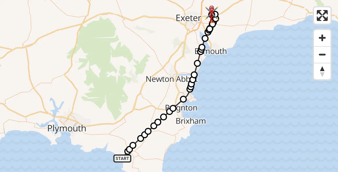 Flight route Air Ambulance Helicopter Thurlestone - Exeter International Airport, 14 August 2026, 15:49
