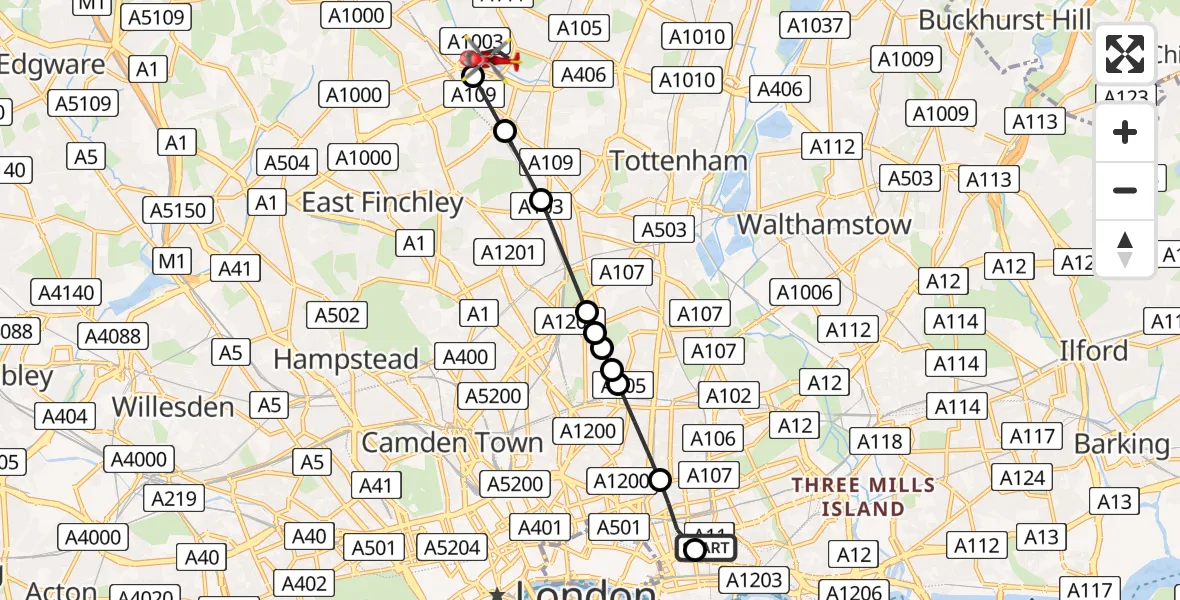 Flight route Air Ambulance Helicopter Royal London Hospital - New Southgate, 14 August 2026, 15:55