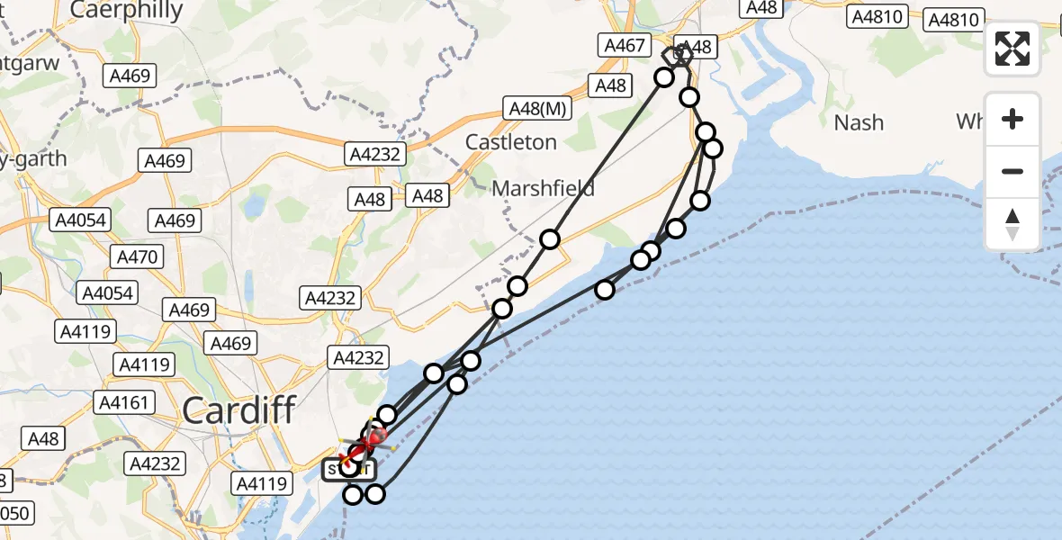 Flight route Air Ambulance Helicopter Cardiff Heliport - Cardiff Heliport, 14 August 2026, 15:55