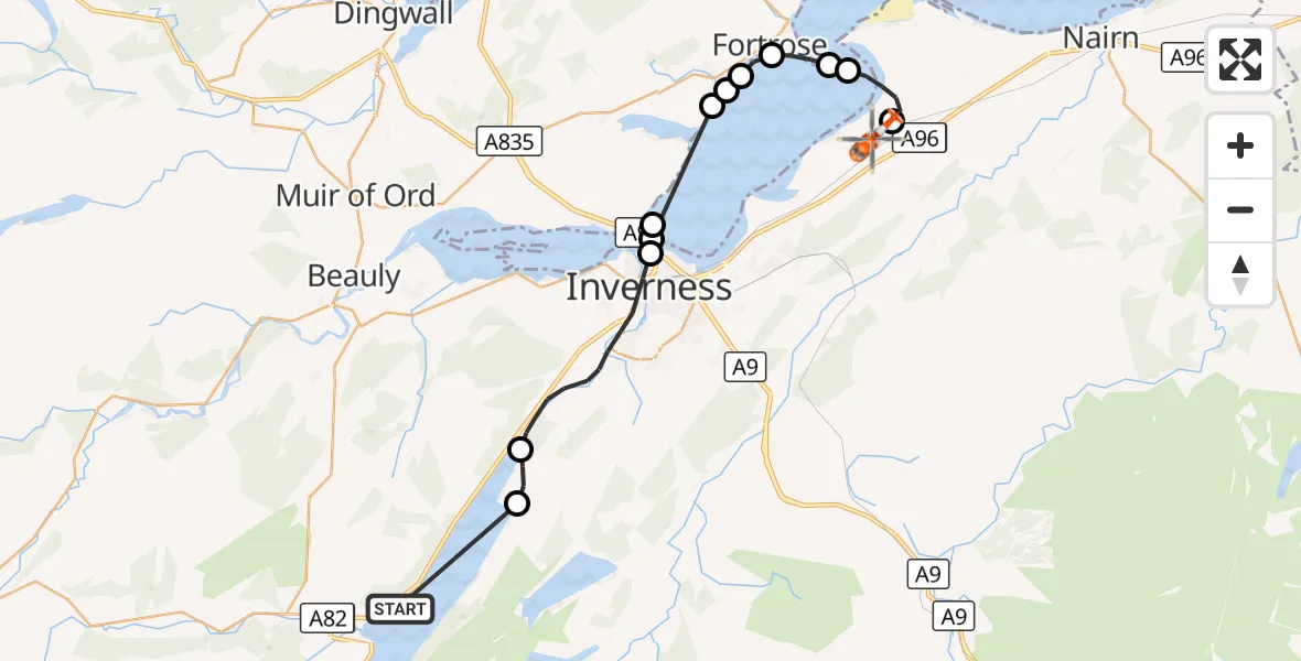 Flight route Coastguard Helicopter Loch Ness - Inverness Airport, 14 August 2026, 15:58