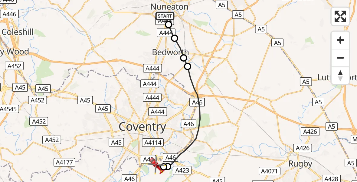 Flight route Air Ambulance Helicopter George Elliot Hospital - Coventry Airport, 14 August 2026, 16:01