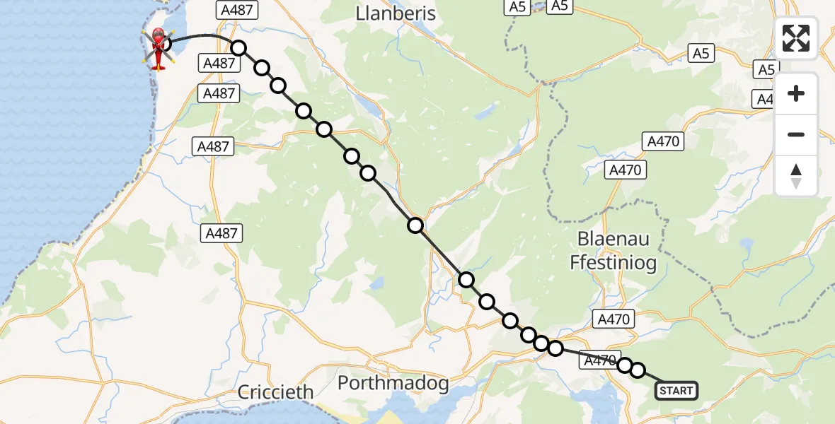 Flight route Air Ambulance Helicopter Trawsfynydd - Caernarfon Airport, 14 August 2026, 16:04