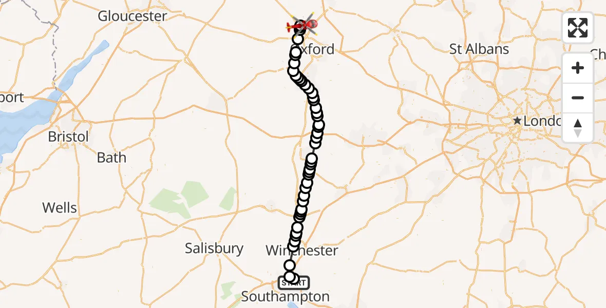 Flight route Air Ambulance Helicopter Southampton Airport - London Oxford Airport, 14 August 2026, 16:07