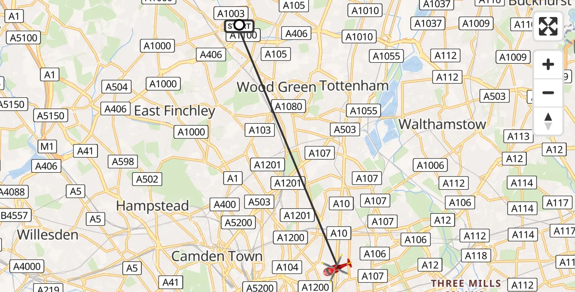 Flight route Air Ambulance Helicopter New Southgate - Haggerston, 14 August 2026, 16:07