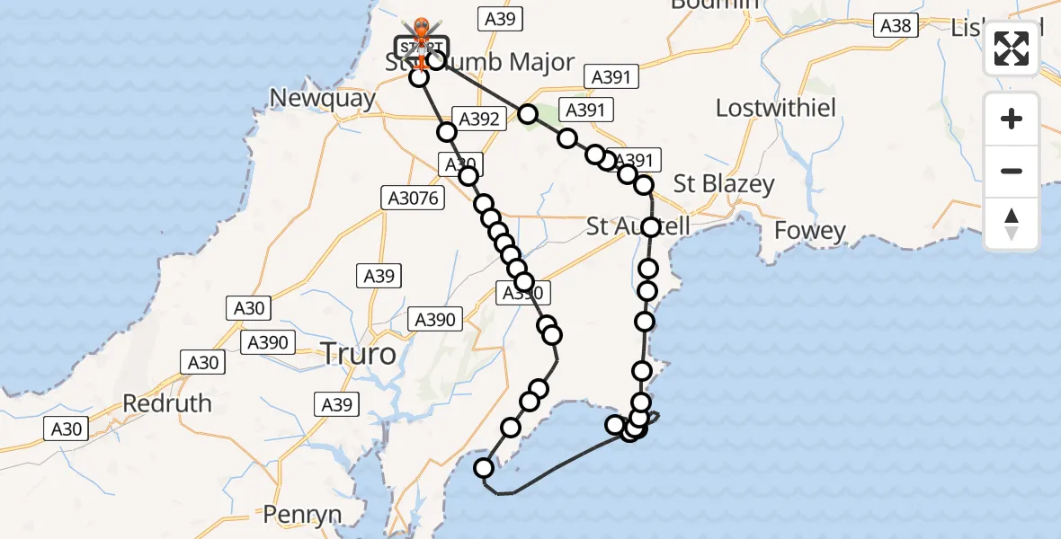 Flight route Coastguard Helicopter Cornwall Airport Newquay - Cornwall Airport Newquay, 14 August 2026, 16:08