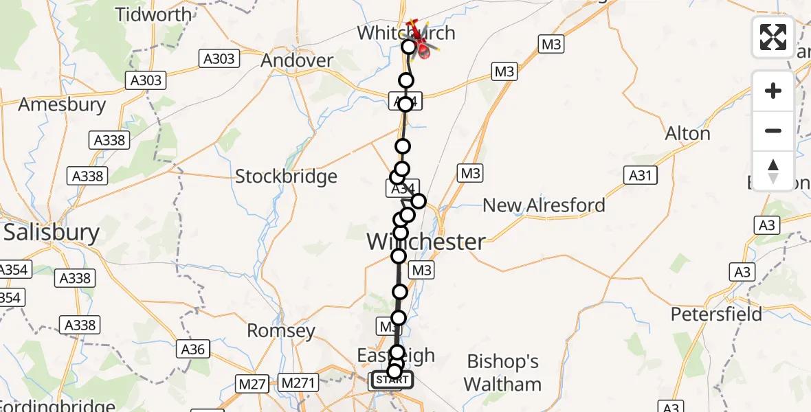 Flight route Air Ambulance Helicopter Southampton Airport - Whitchurch, 14 August 2026, 16:13