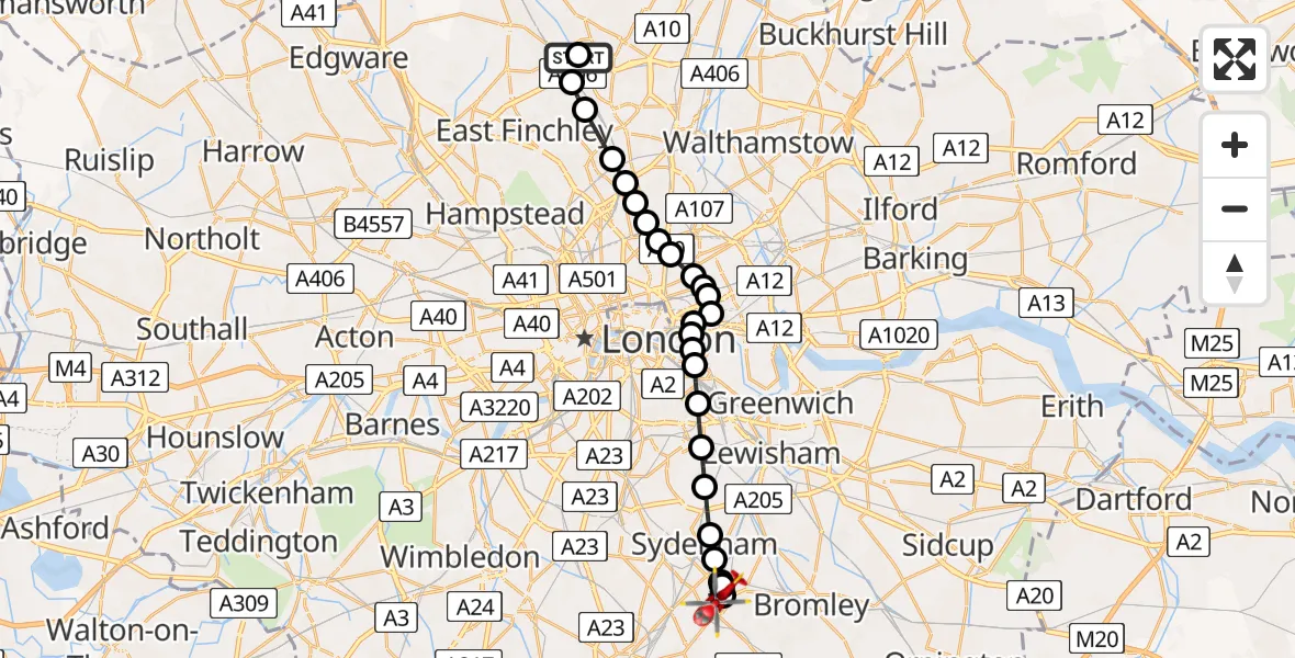 Flight route Air Ambulance Helicopter New Southgate - Elmers End, 14 August 2026, 16:15