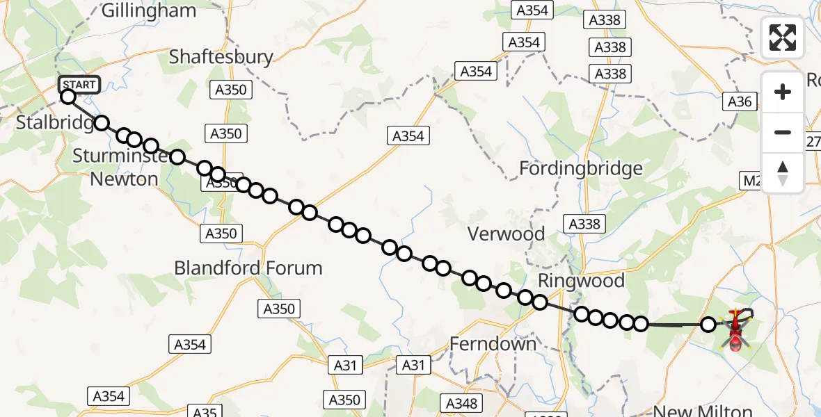 Flight route Air Ambulance Helicopter Henstridge Airfield - Brockenhurst, 14 August 2026, 16:30