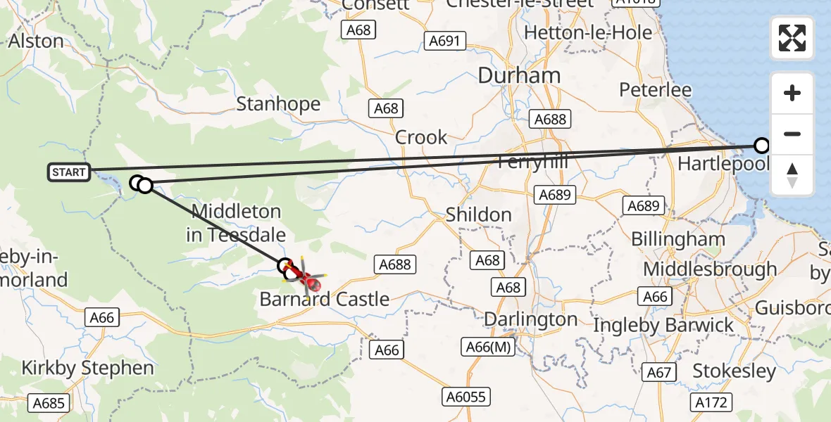 Flight route Air Ambulance Helicopter Dufton - Cotherstone, 14 August 2026, 16:33