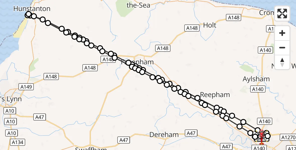 Flight route Air Ambulance Helicopter Norwich Airport - Norwich Airport, 14 August 2026, 16:42