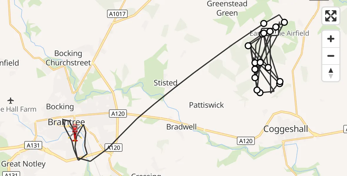 Flight route Air Ambulance Helicopter Earls Colne Airfield - Braintree, 14 August 2026, 16:43